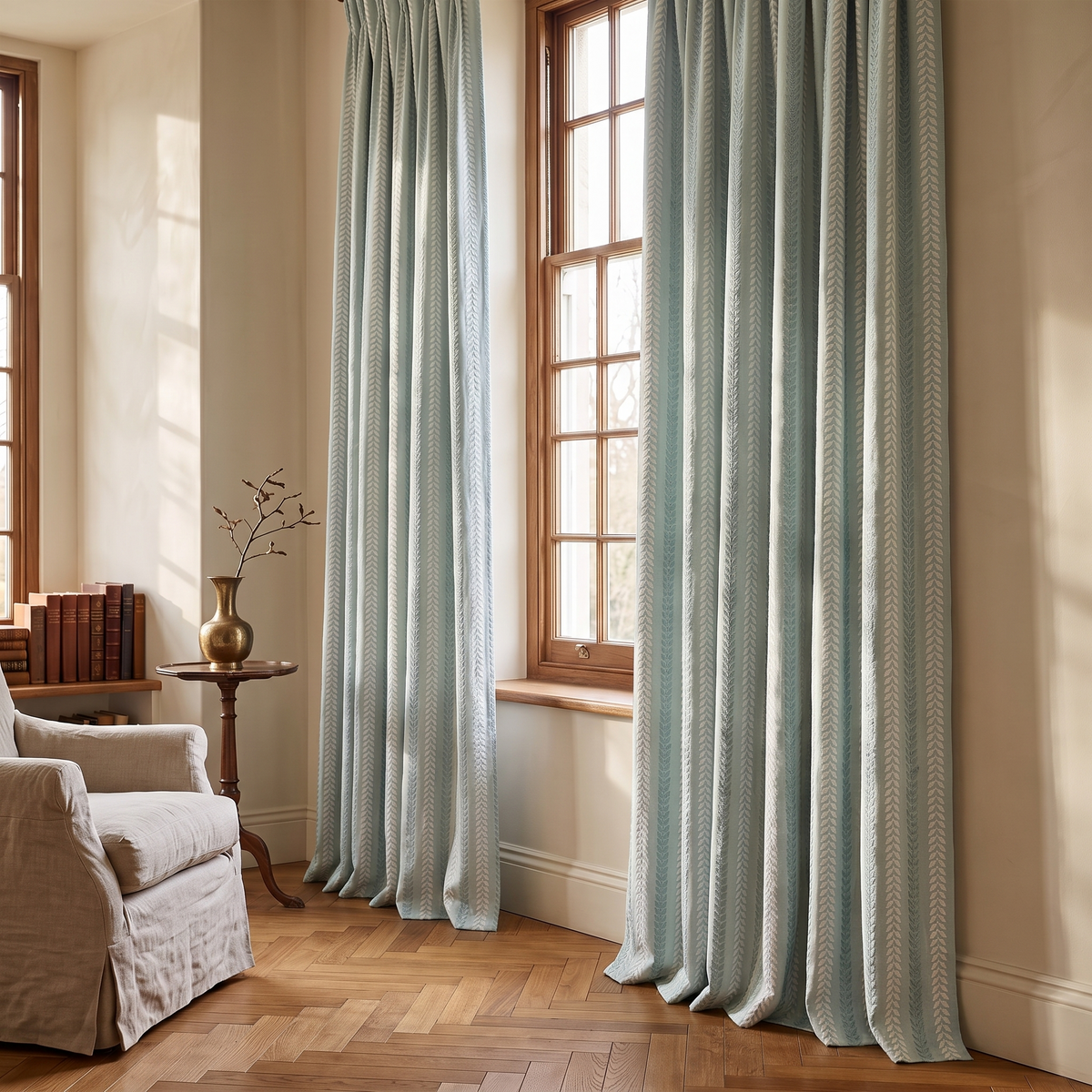 Valmont Stripe in Seabreeze — drapery at the window